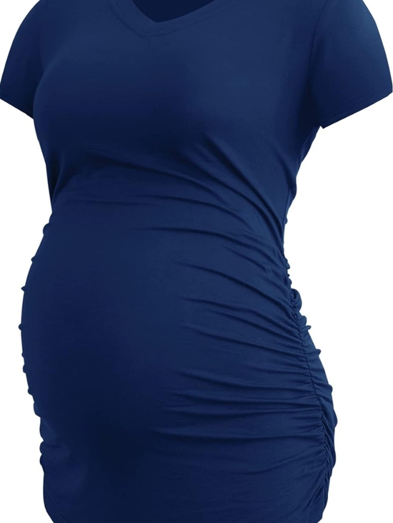 Smallshow Tops - Maternity V-Neck Navy Ruched Side Top